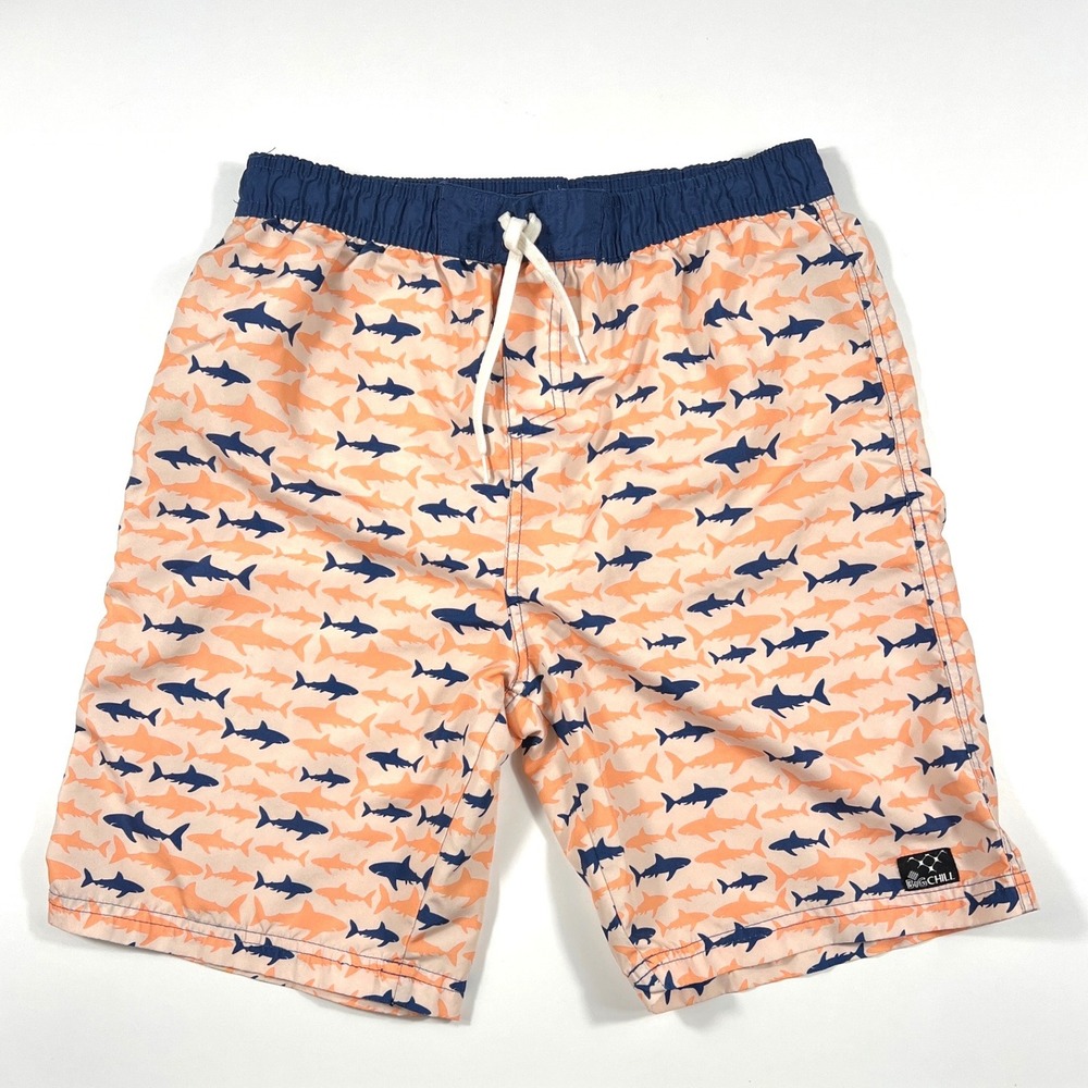 Big Chill Boys Shark Print Swim Trunks Peach Navy XL 14-16 Beach Summer Vacation